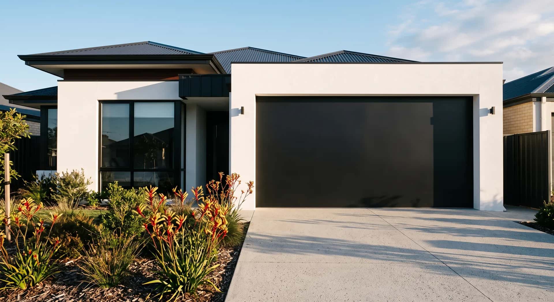 Matte black one-piece tilt garage door on a modern rendered Perth home