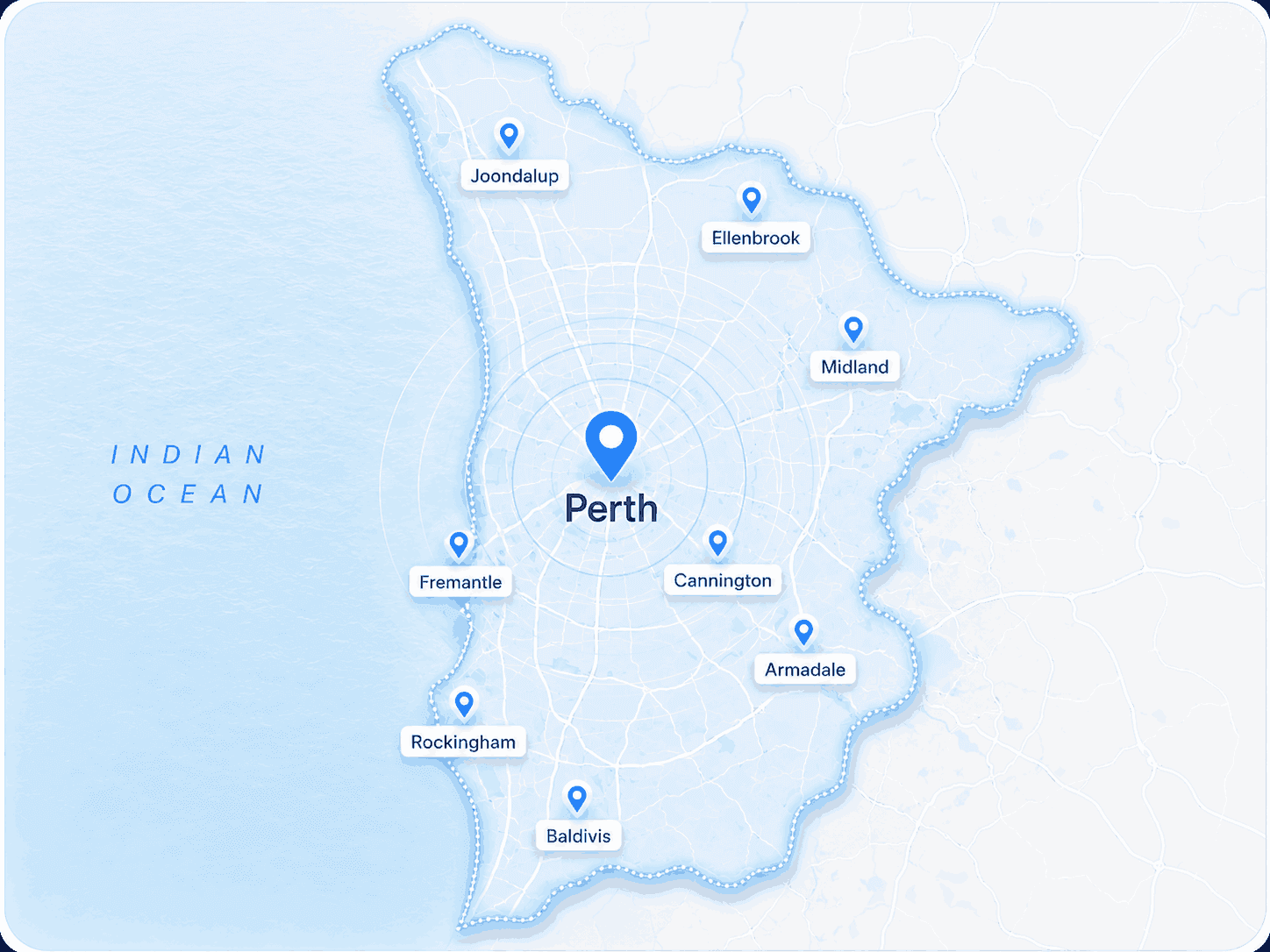 Map of Perth metro suburbs covered by Capital Garage Doors