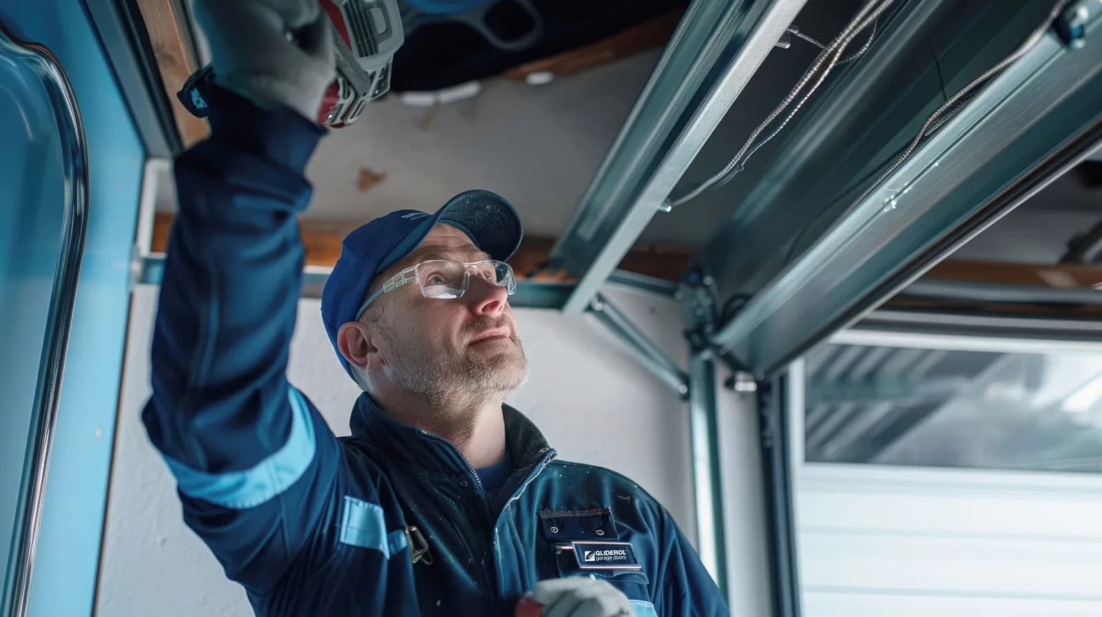 Technician servicing a Gliderol sectional garage door — manufacturer image