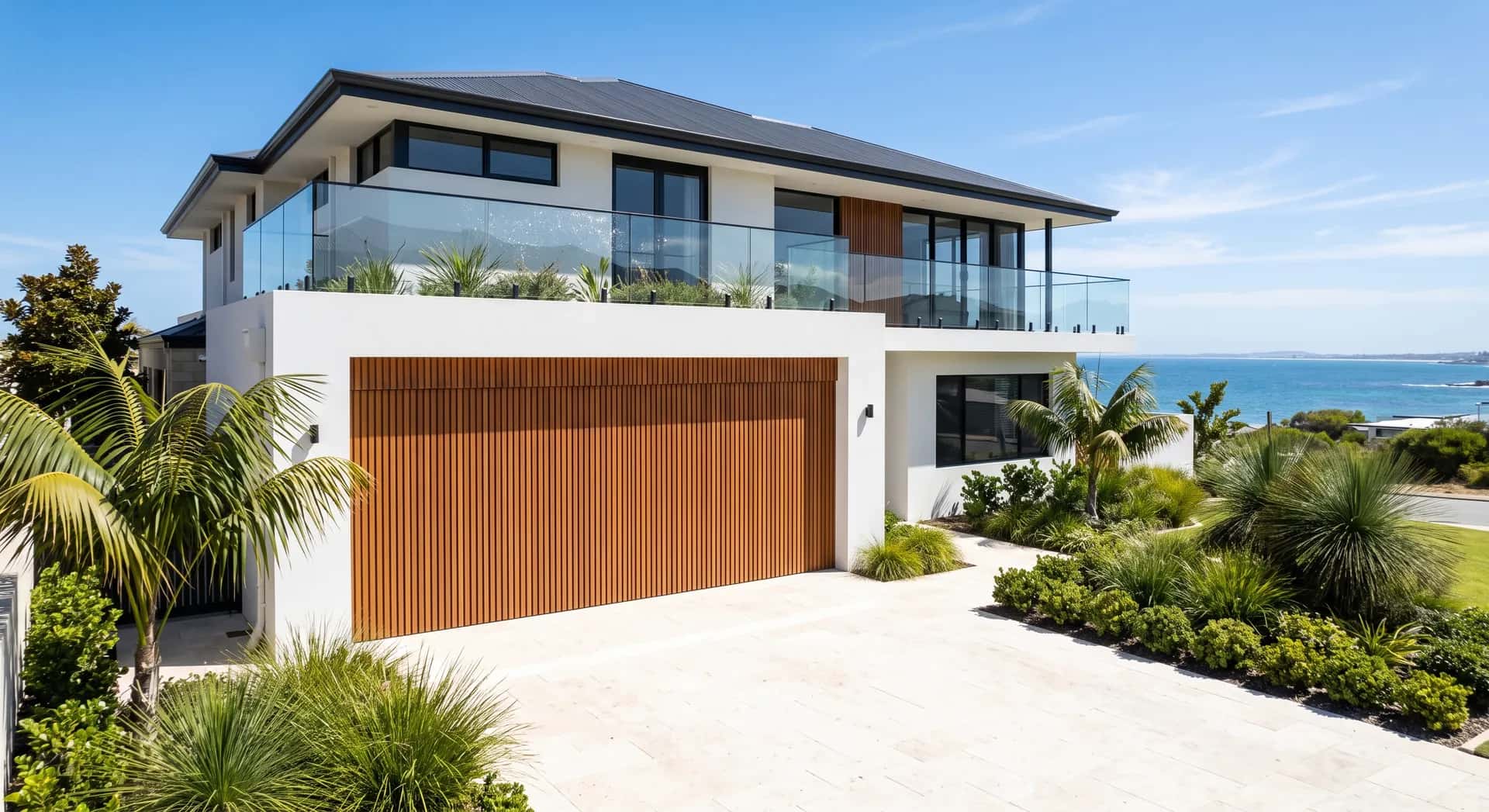Custom vertical timber-batten garage door on a coastal Perth home overlooking the ocean