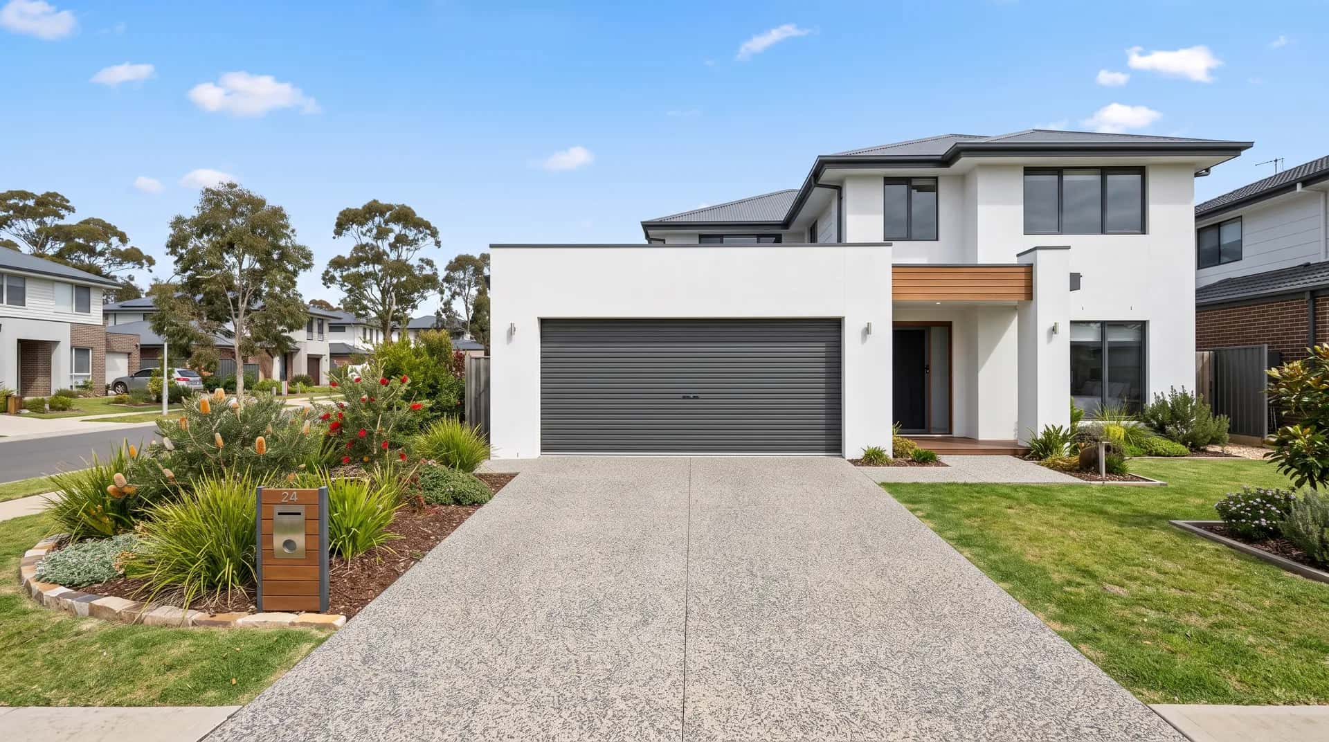 Charcoal Colorbond-style double roller door on a modern rendered Perth home