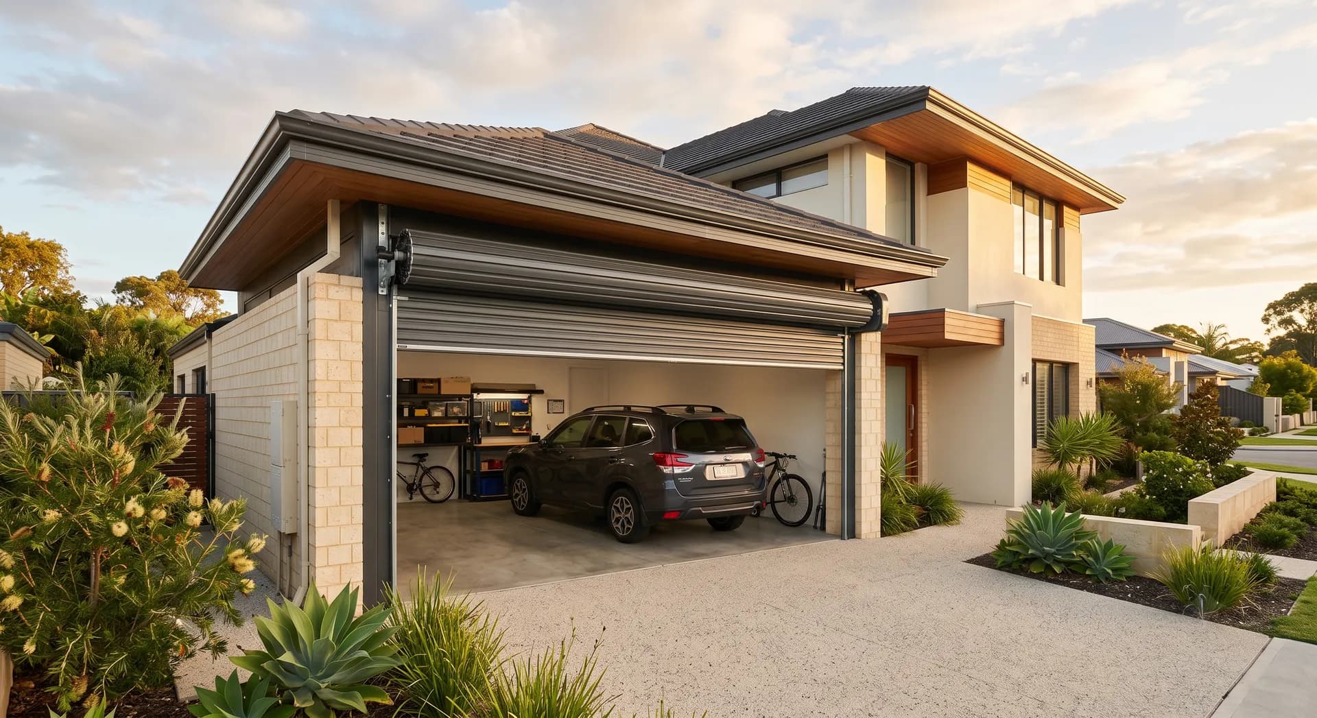 Open roller garage door on a modern Perth home showing the curtain rolled above the opening Open roller garage door on a modern Perth home showing the curtain rolled above the opening