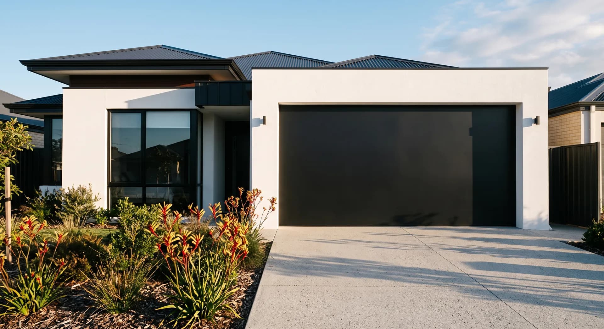 Matte black one-piece tilt garage door on a modern rendered Perth home Matte black one-piece tilt garage door on a modern rendered Perth home