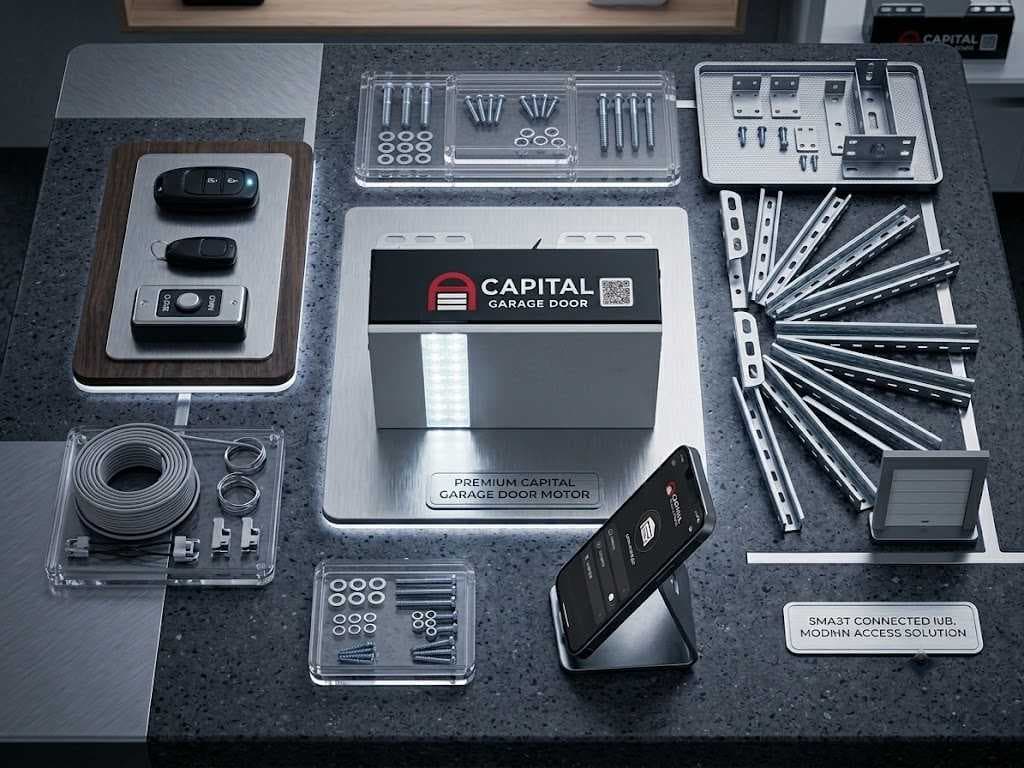 How to Program a Garage Door Remote (Merlin, B&D, Centurion & More) Garage door opener kit laid out with two remotes, wall control and smartphone app — the remotes you program to the motor